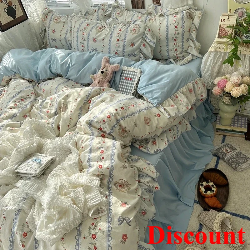 Korean Princess Style Floral Ruffles Bedding Set Skin-friendly Soft Duvet Cover Set Bed Sheet Or Bed Skirt Pillowcases