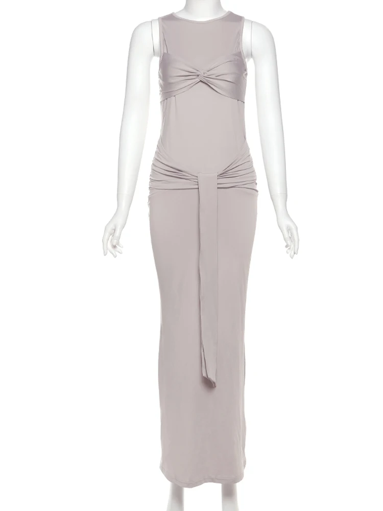 Insglas ง่ายชุดผู้หญิง Elegant Ruched Knot Chest Wrap Y2K ยาวริบบิ้น O-คอ Streetwear ยืดแขนกุด Vestidos