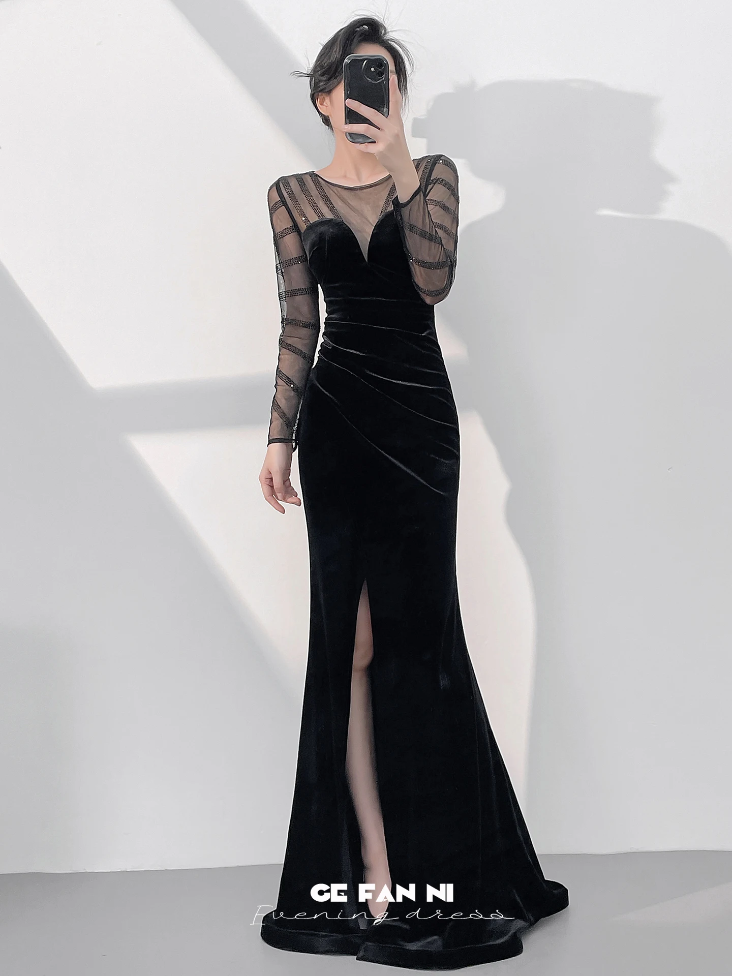 

Ele Bla Velvet Fi Tail Evening Dr Women's Faionable mid Waist Long Sve Deep V Ne Gown for Year End Par