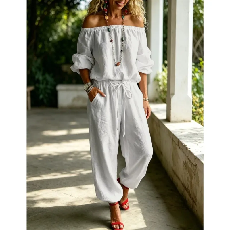 Foreign Style One Neck Solid Jumpsuit For Women Spring Autumn Fashion High Waisted Lace-up Romper With Pocket Ladies Clothing