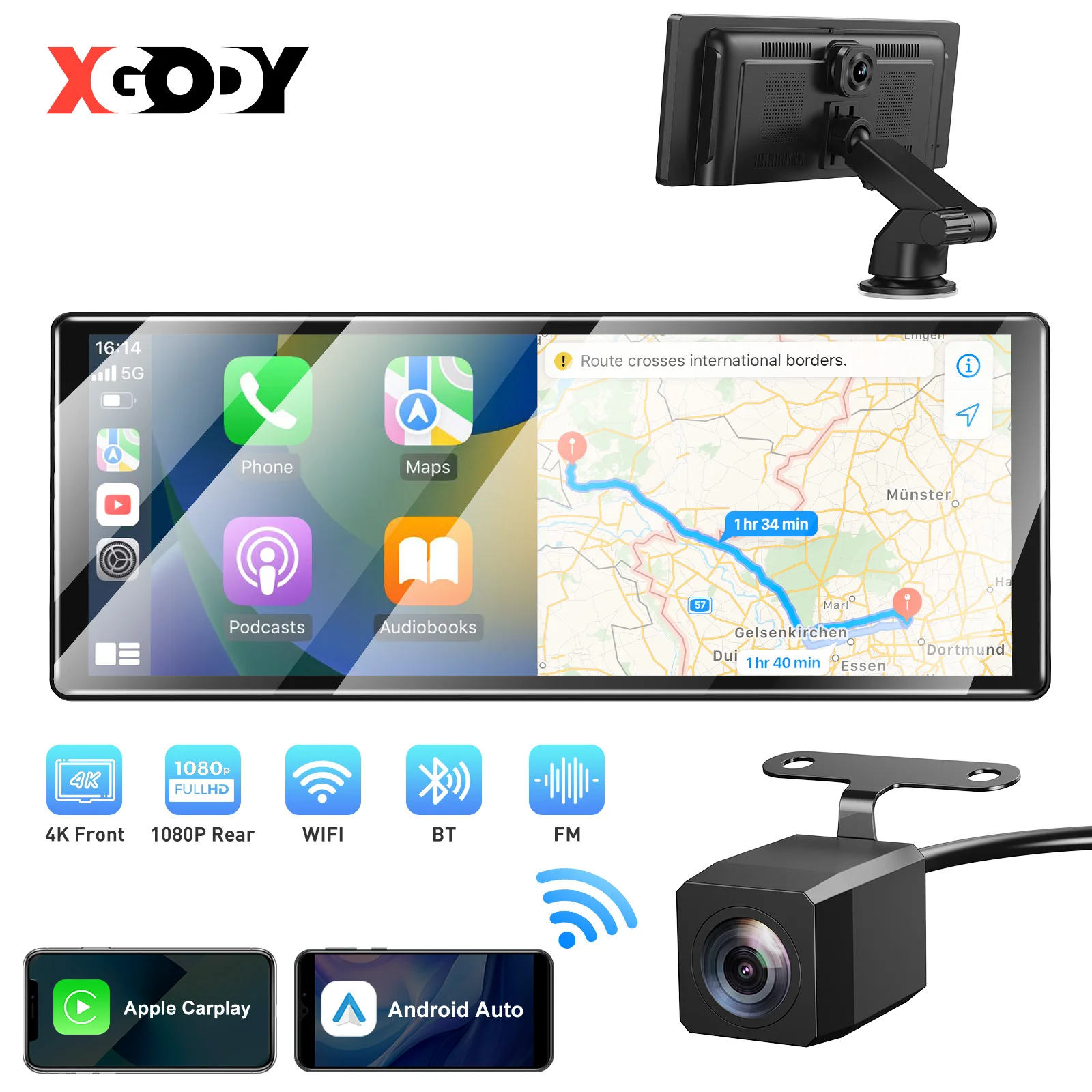 4K HD CarPlay Dash Cam Wireless Android Car DVR Recorder Camera Front And Rear