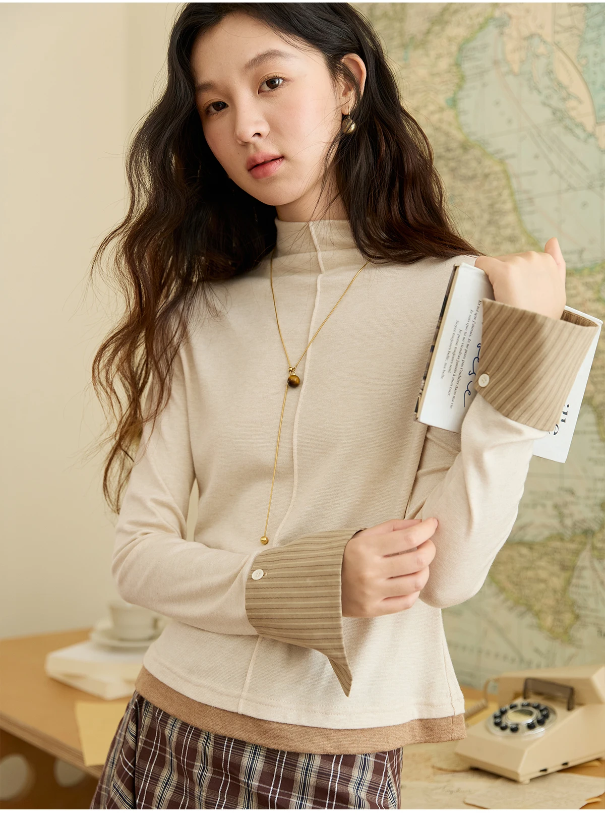 

MISHOW вязаные топы для женщин, осень 2023, новинка абрикосового цвета с воротником-стойкой и длинными рукавами, облегающие топы со съемными манжетами MXE49Z2532