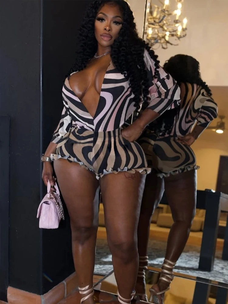 

Weird Puss Colorful Print Women 2 Piece Set Deep v-Neck Full Sleeve Bodysuit+Mesh Shorts Matching Streetwear Sexy Hipster Suits