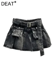 DEAT Women's Denim Skirt Belt With 3d Pockets Solid Color Pleated Vintage Washed Short A-line Mini Skirt 2024 Autumn New Fashion