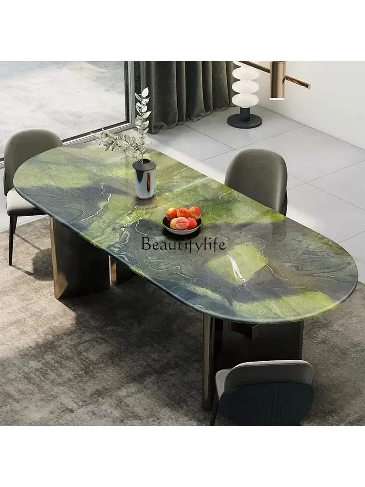 

Avocado Green Luxury Stone Dining Table Natural Marble Italian Light Luxury Retro Style Rectangular Dining Table