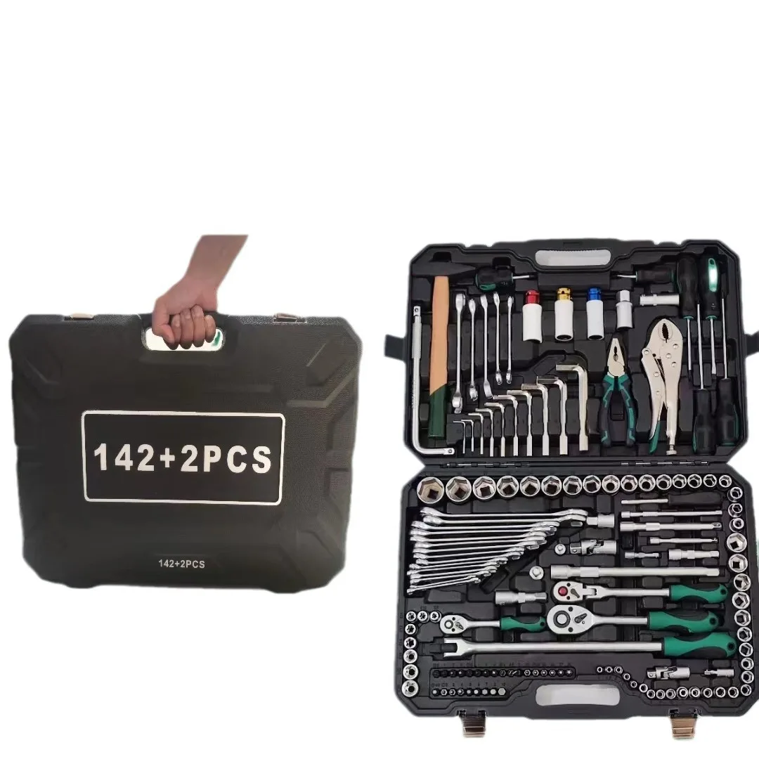 Set Perkakas Reparasi Mobil 142+2, Set Perkakas Tangan 144 PCS, Soket, Kunci Ratchet 72 Gigi, Obeng, Bit, Dukungan OEM & ODM