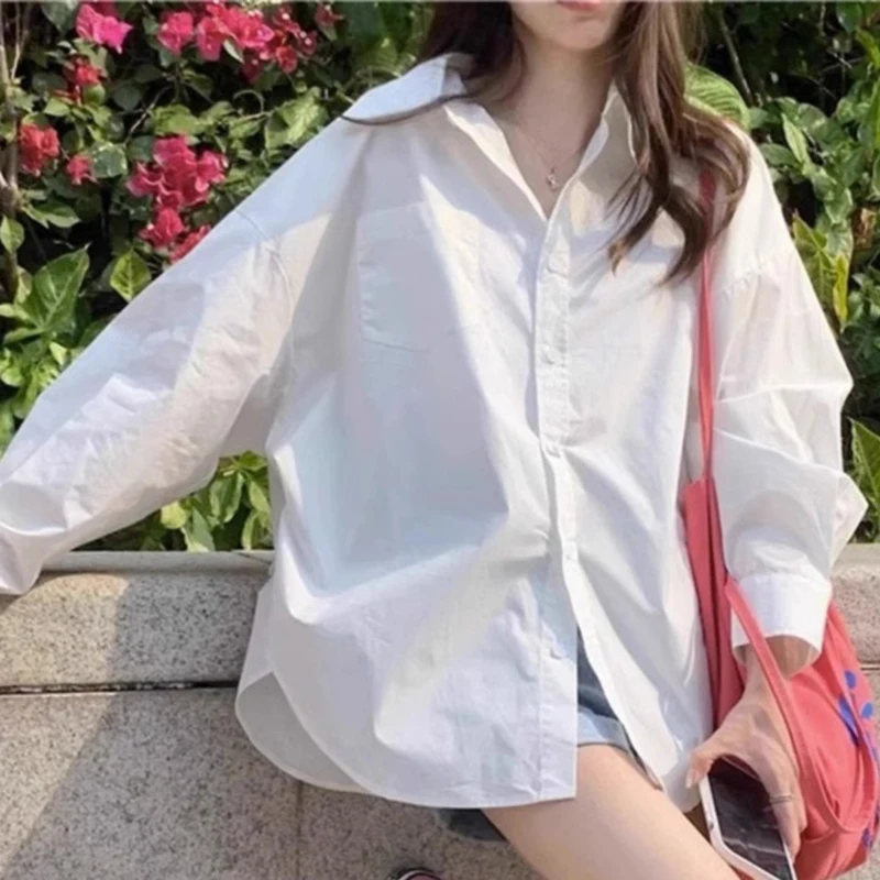 Camisa branca de manga comprida coreana para mulheres, blusa casual solta senhora do escritório, camisas elegantes da moda primavera e outono, 2023, 29288