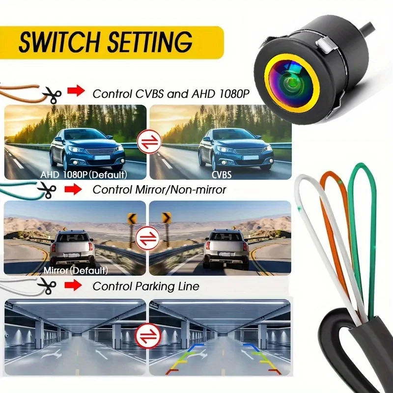 كاميرا احتياطية للرؤية الخلفية عين السمكة AHD 1080P/CVBS مع رؤية ليلية وخطوط دليل وقوف السيارات وسيارات الدفع الرباعي والبيك اب والتخييم والجرار والشاحنات