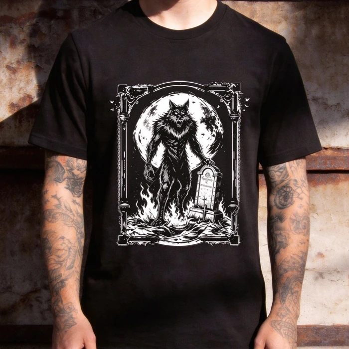 Retro Dark Style Werewolf Moon Tombstone Graphic Tee Unisex Short Sleeve Streetwear T Shirt Cotton Harajuku Y2k Top