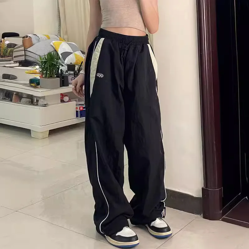 

Women Spring Retro Solid Loose Drawstring Trousers Casual Joggers Baggy Wide Leg Sweatpants Mid Waist Sporty Y2k Female Clothes