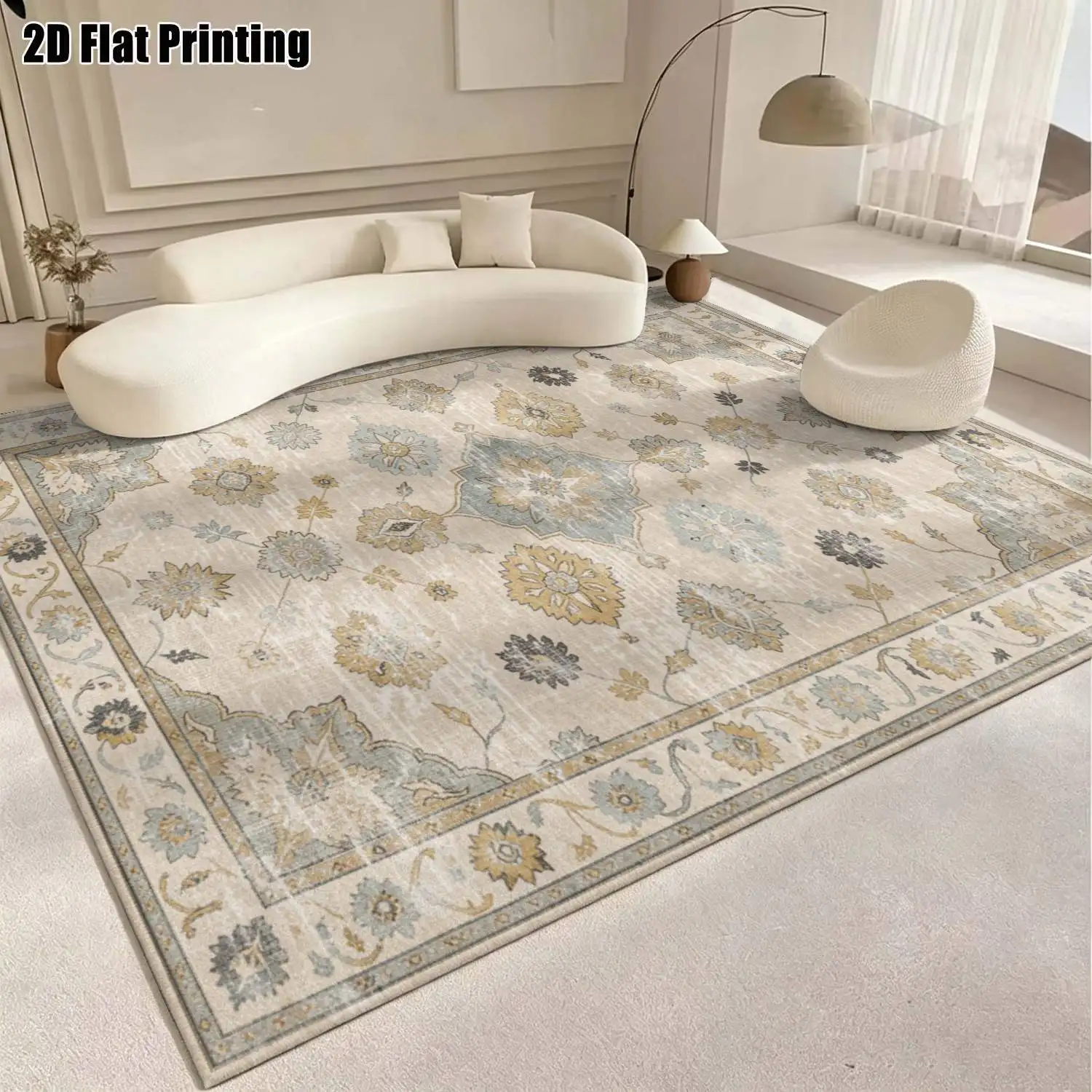 1Pc 2D Printed Carpet: Grey-Pink Retro Floral Pattern, Suitable for European & Bohemian Interiors, Multi-Size, Machine-Washable, Multi-Scenario Use