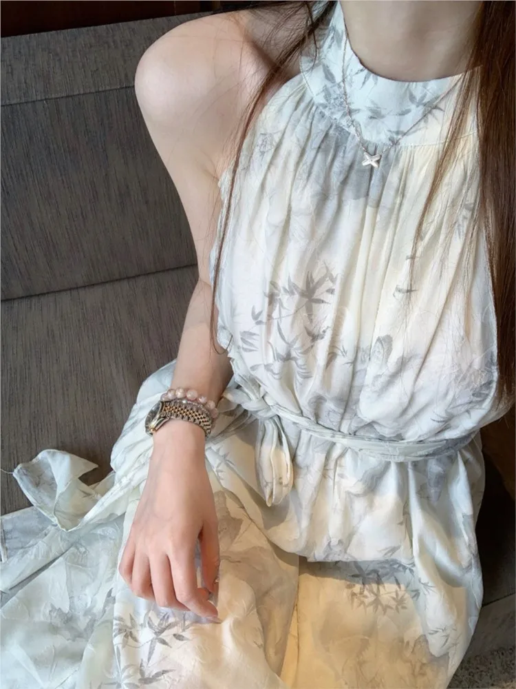 

Summer New Chinese Style Sleeveless Midi Dress Ink Design Sense Halter-neck Lace-Up Back Split Vestido Elegant Vacation Dress