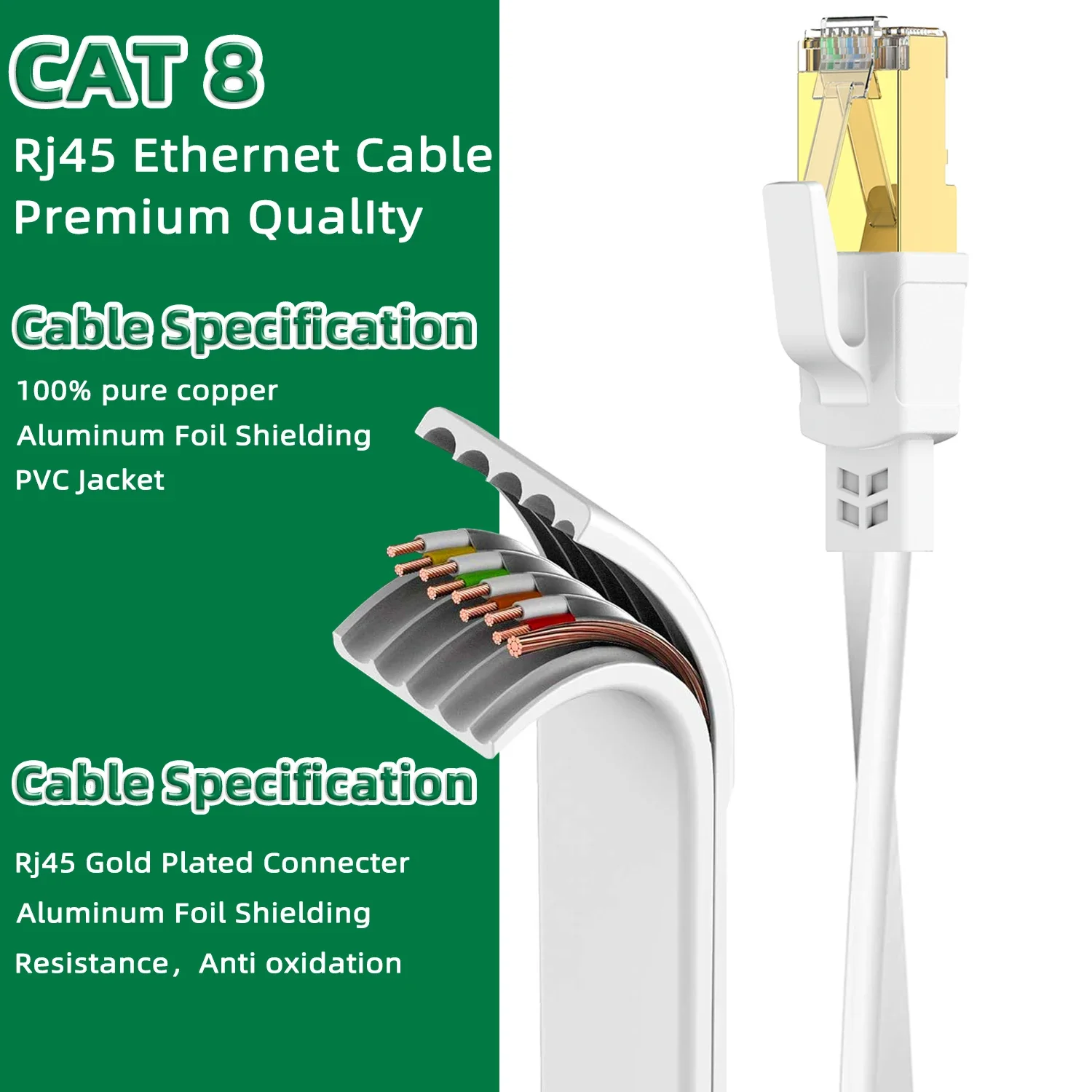 สีขาว Cat8 สาย Ethernet สาย Lan แบบแบนความเร็วสูง RJ45 40Gbps สําหรับเครือข่ายภายในบ้าน Router โมเด็มคอมพิวเตอร์, PC, ps4, ทีวี, แล็ปท็อป