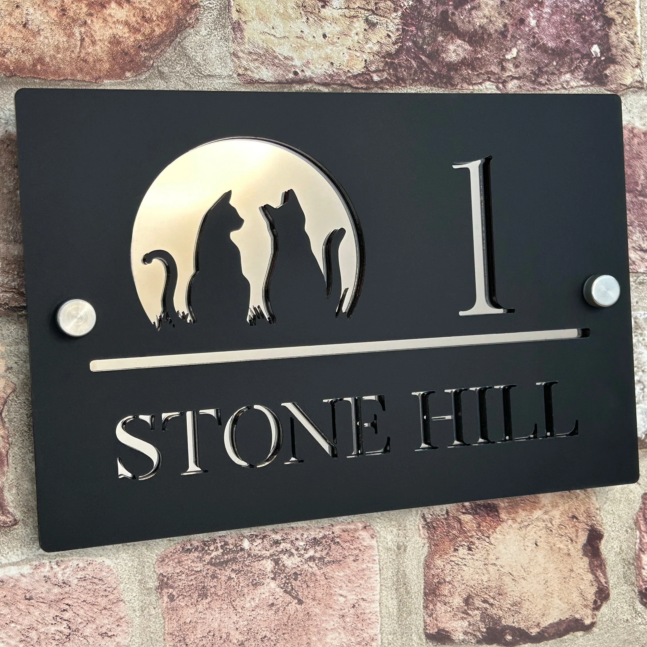House Number Sign, Acrylic Modern Door Number & Road Name Plaque – Custom Address Sign for New Home or Home Gift Cat Silhouette
