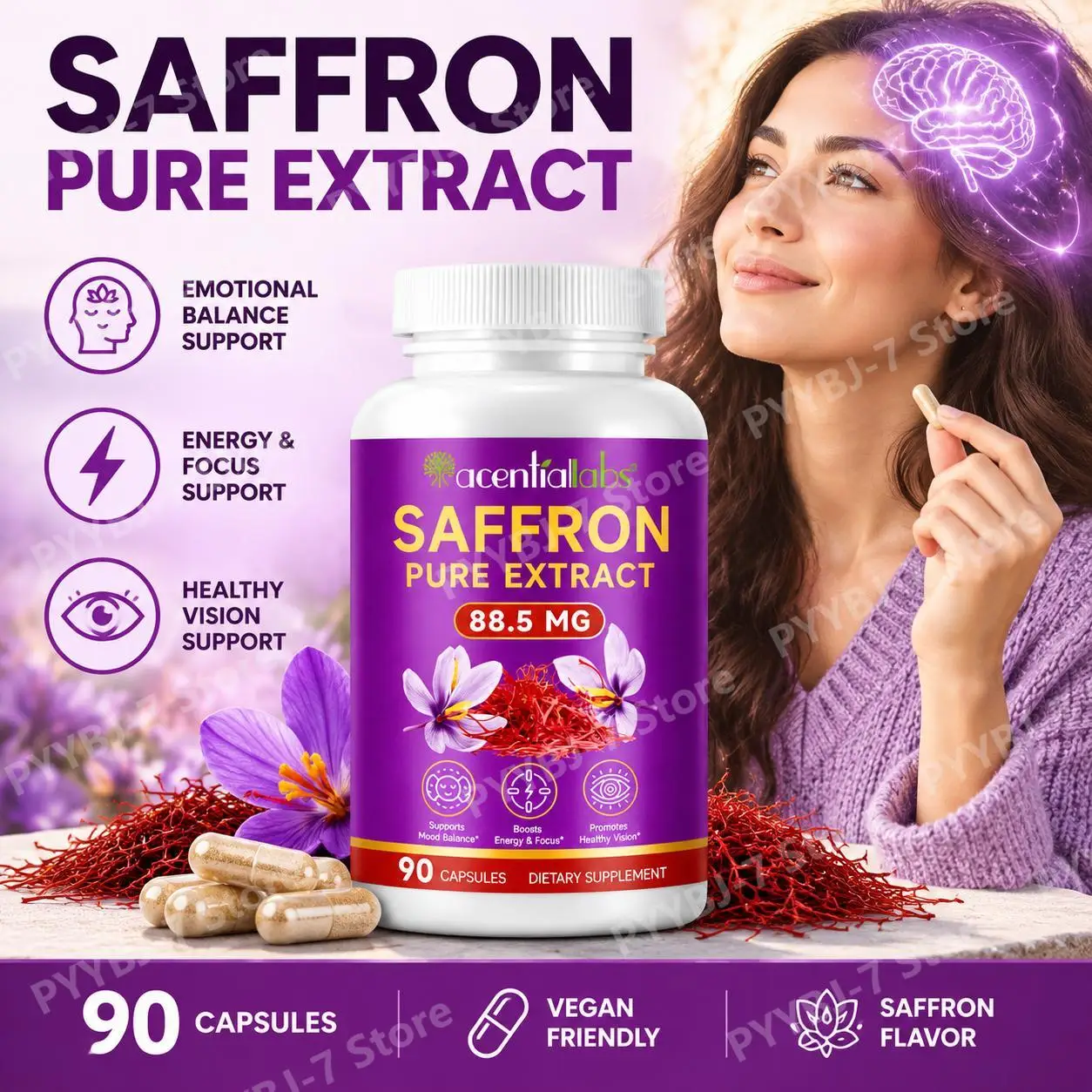 Saffron Extract Capsules 88.5mg Vegan Crocus Sativus Flower Extract Supplement Emotional Balance Eye Health Vision Care 90 Ct