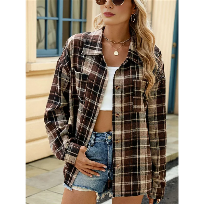 AOAO-Camicie da donna in flanella abbottonata con maniche lunghe e bottoni scozzesi, camicetta casual da lavoro
