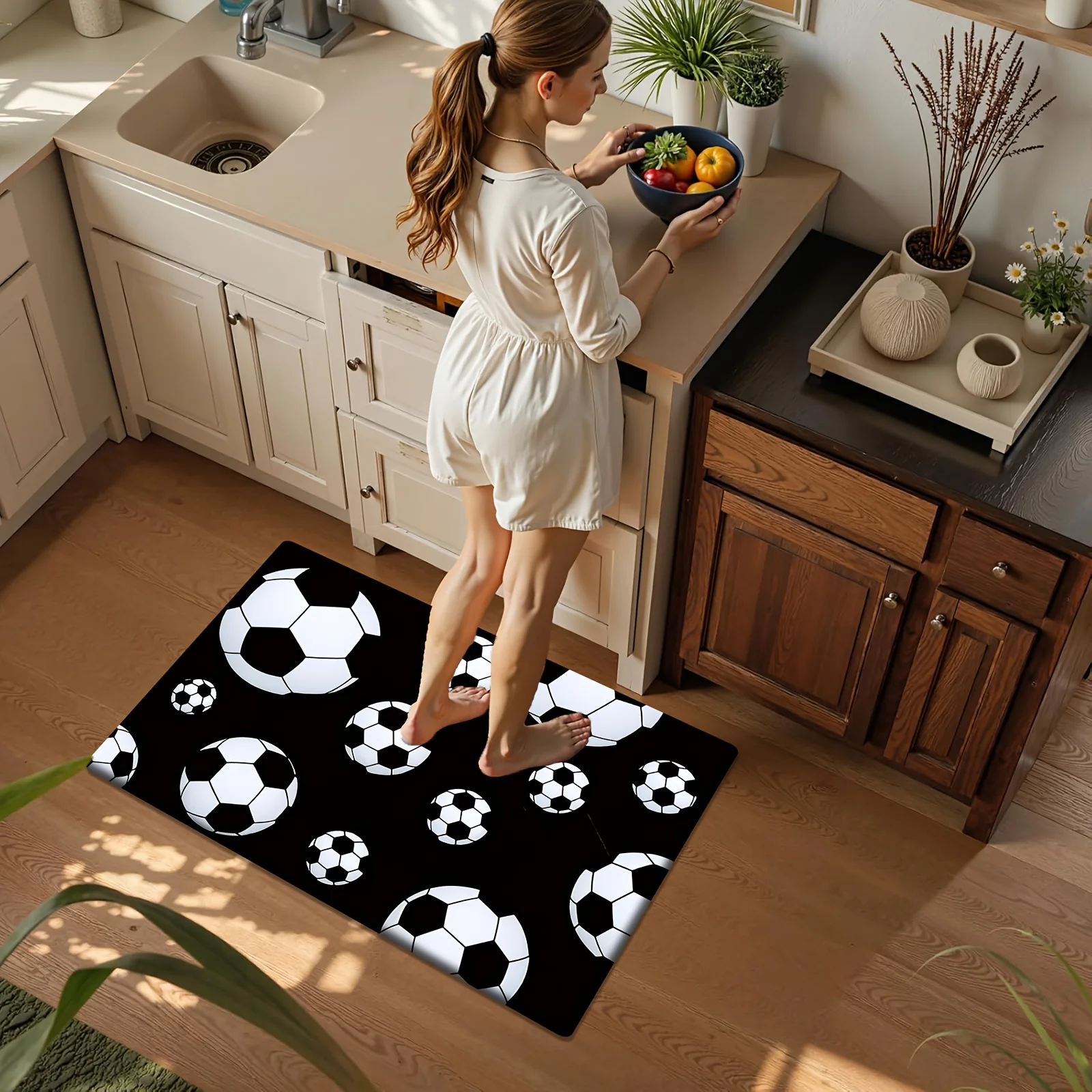Scattered Soccer Balls Black Background Flannel Floor Mat, Sporty Kids Theme Anti-Slip Absorbent Rug for Bedroom & Game Room,