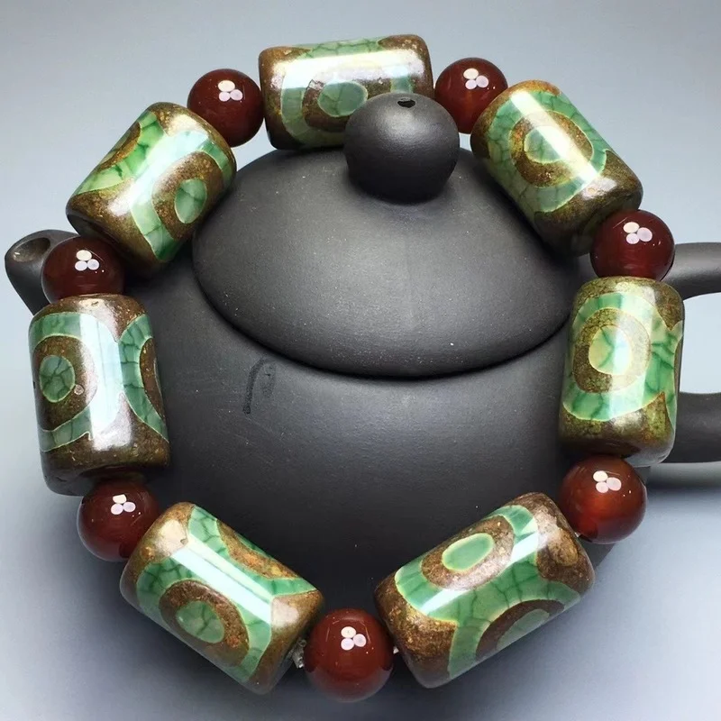 Natural Old Agate Tibetan Green Three Eye Dragon Bead Bracelet Men's and Women's Ethnic Style Bracelet