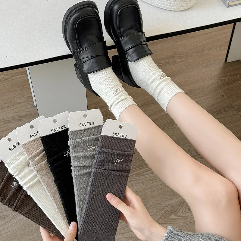 

Sweet Embroidered Bow Over Knee Socks for Girls Vertical Stripes Slouchy Trendy Soft Cotton Autumn Winter Cozy Loafer Socks
