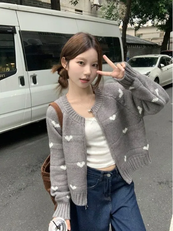 

Корейский вязаный кардиган, женский мягкий пушистый свитер с сердечками, верхняя одежда, осень-зима, Новое поступление, Ele Youthful