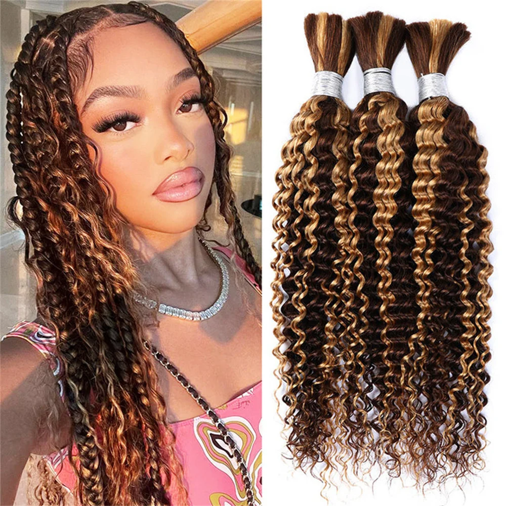 4/27 Highlight Bulk Human Hair For Braiding Deep Wave Hair Extensions No Weft Colored Remy Human Hair Bulk Hair Bundles