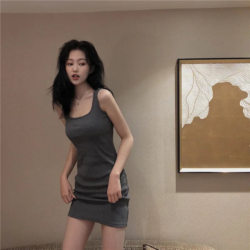 Square Collar Knitted Vest Dress Women's Sexy Short Skirt Sports Style Strapless Wrap around T Shirt Base Skirt Princess Styl...
