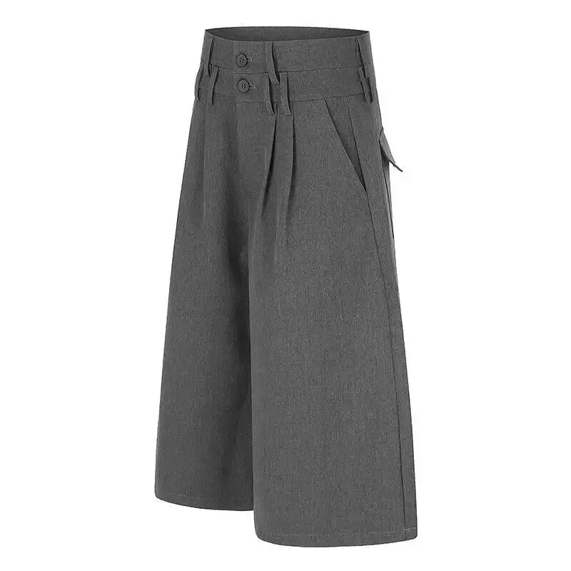 Grey Double Waist Deconstructed Pleated Culottes For Men Women Loose Wide Leg Minimal Suit Casual Suit Shorts K11S
