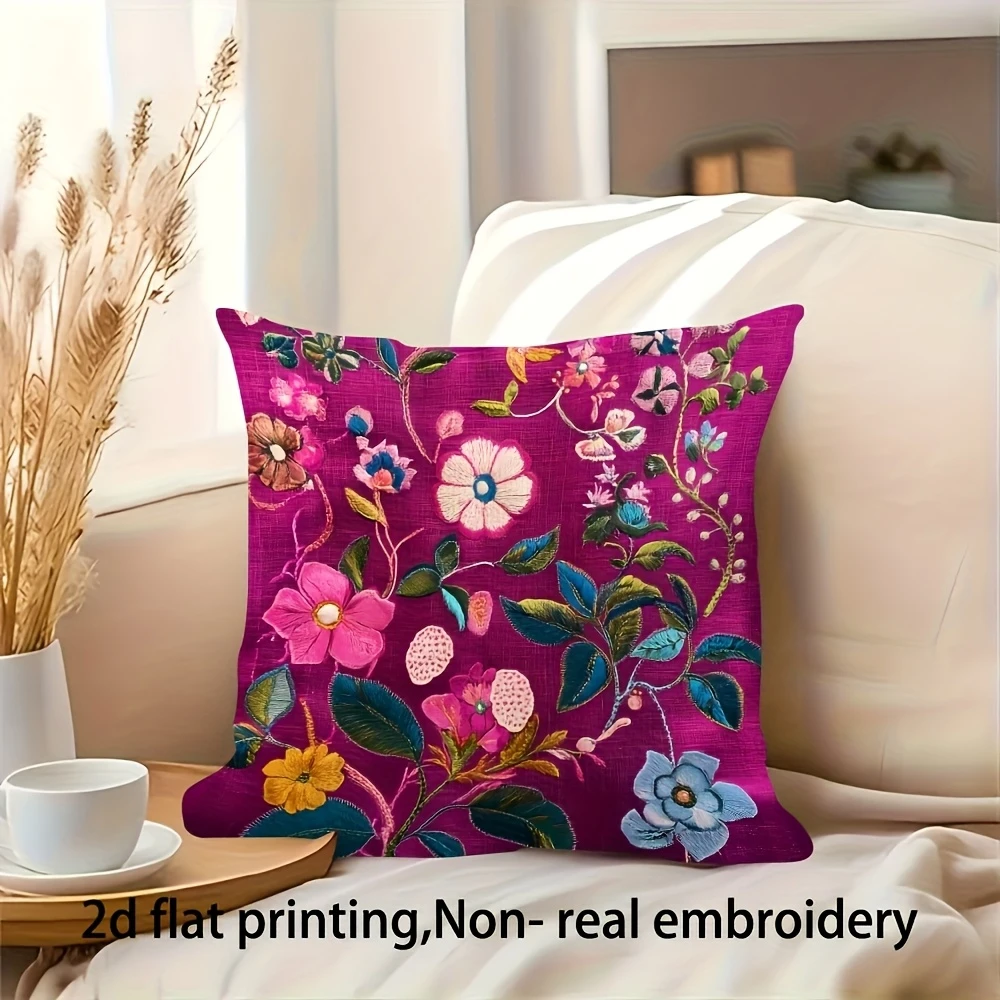 Pillow Cover Fuchsia Magenta Boho Flower Print Rustic Linen Texture Cushion Case for Sofa Couch  Bohemian Home Decor