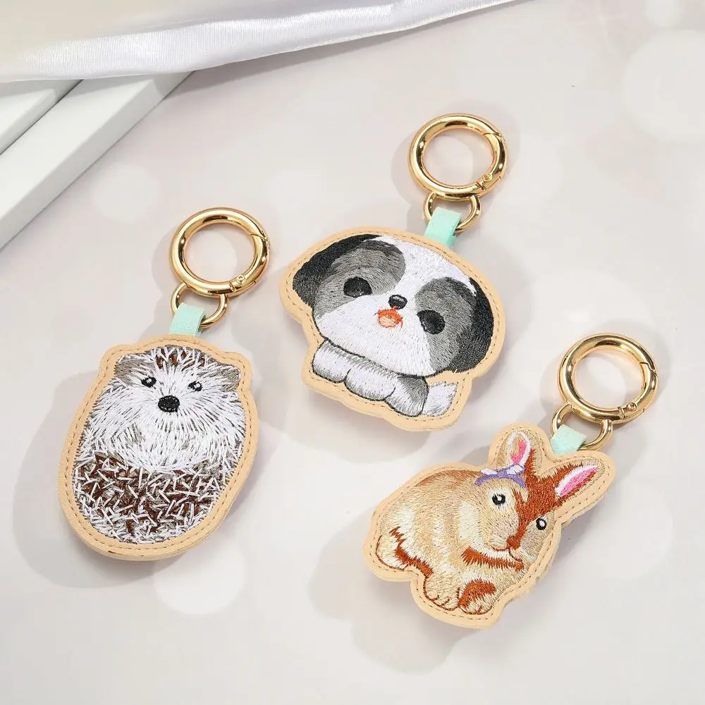 

PU Leather Embroidery Rabbit Keychain Dog Ornaments Cartoon Animal Pendant Bag Hanging Cute Car Keyring Backpack Decoration