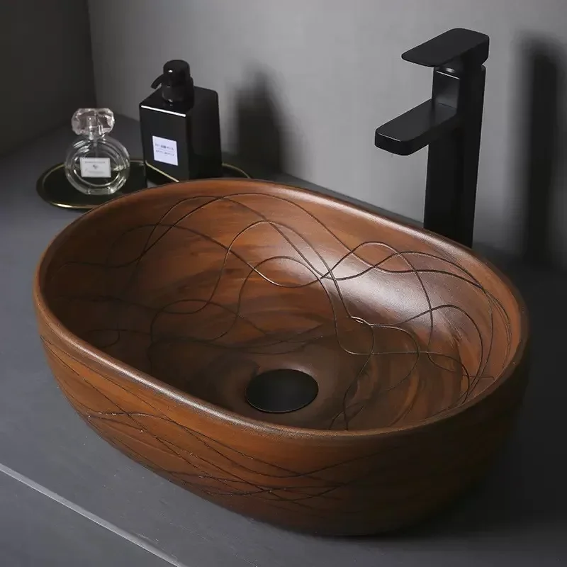 

Home European Creative Single Basin Ceramic Washing Sink Bathroom Art Basin Balcony Hand Wash Basin Retro Countertop Washbasin
