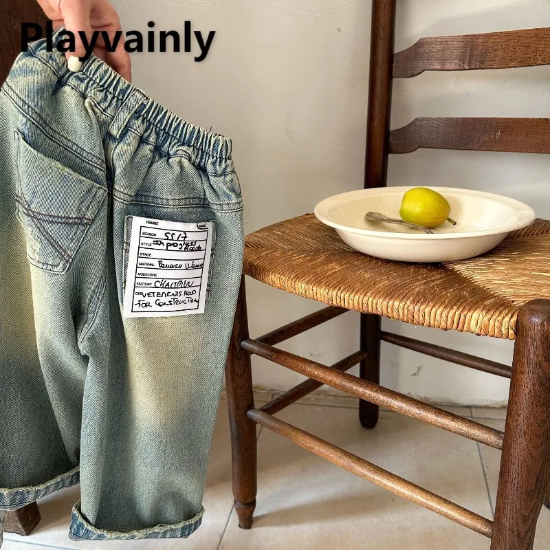 

Korean Style Children Trendy Ripped Jeans 2025 New Spring Autumn Loose Wide Leg Pants Boys Girls Distressed Denim Trousers A6061
