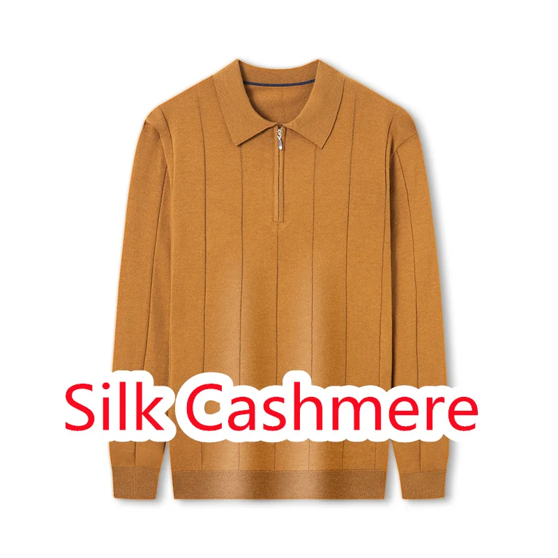 Seide Kaschmir Männer Polo-Shirt 2025, Herbst Drehen Unten Kragen Strickwaren Langarm Männlich Jumper Pullover Zipper Pullover Tops
