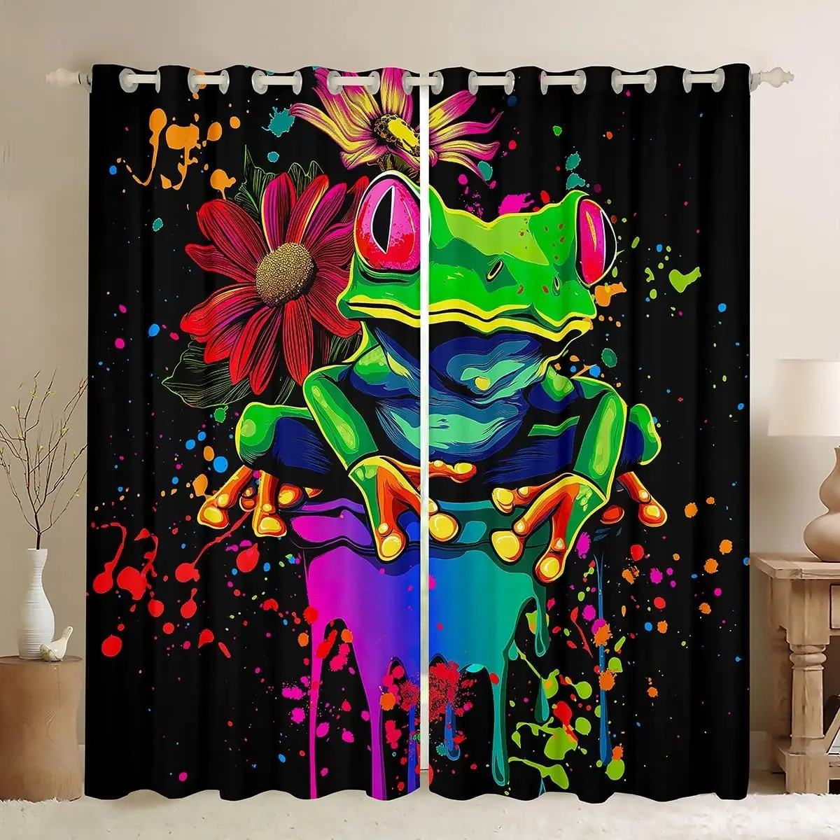 Bold Pop Art Green Frog Floral Curtains Polyester Bohemian Chic Window Panels Tropical Vibrant Pattern Living Room Decor Home Ac