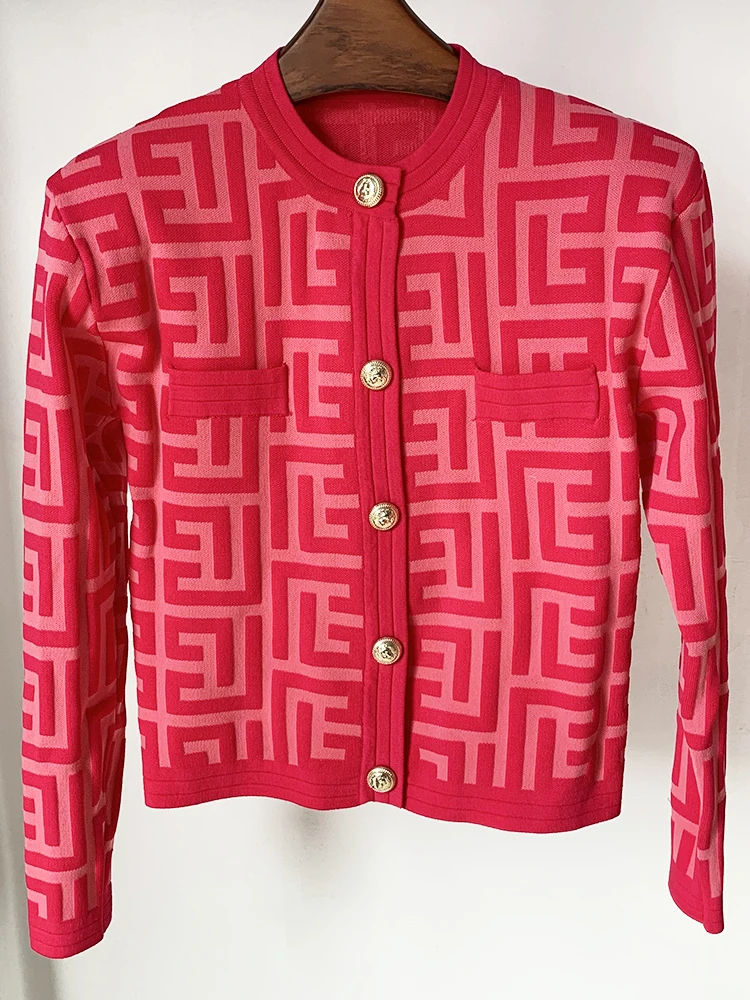 HIGH STREET Newest 2024 Designer Jacket Women\'s Lion Buttons Monogram Geometric Jacquard Knitted Sweater Cardigan