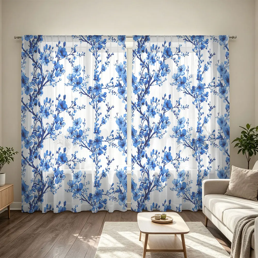 2pcs farm style blue flower semi printed transparent pole through curtains, living room bedroom fashionable home decoration
