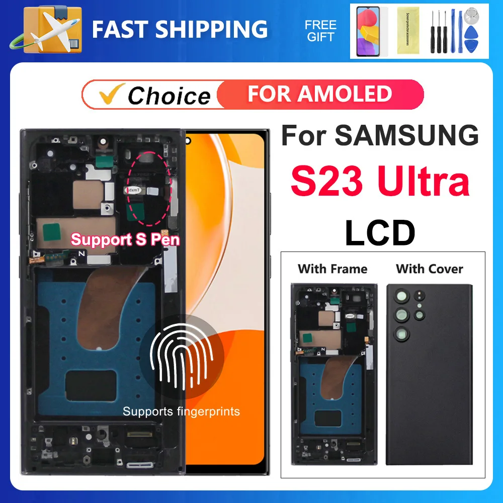 AMOLED With Frame S23 Ultra For Samsung S918B S918U S918W LCD Display Digital Touch Screen For S23U Screen Replacement Parts