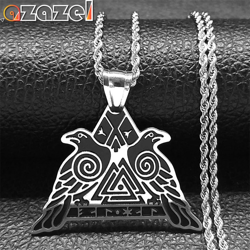 Viking Norse Hrunger`s Heart Crow Raven Valknut Talisman Necklace Women Men Stainless Steel Animal Necklaces Jewelry N2538S08