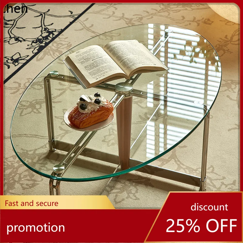 

CZ Retro Coffee Table Oval Living Room Home Stainless Steel Glass Minimalist Modern Small Apartment