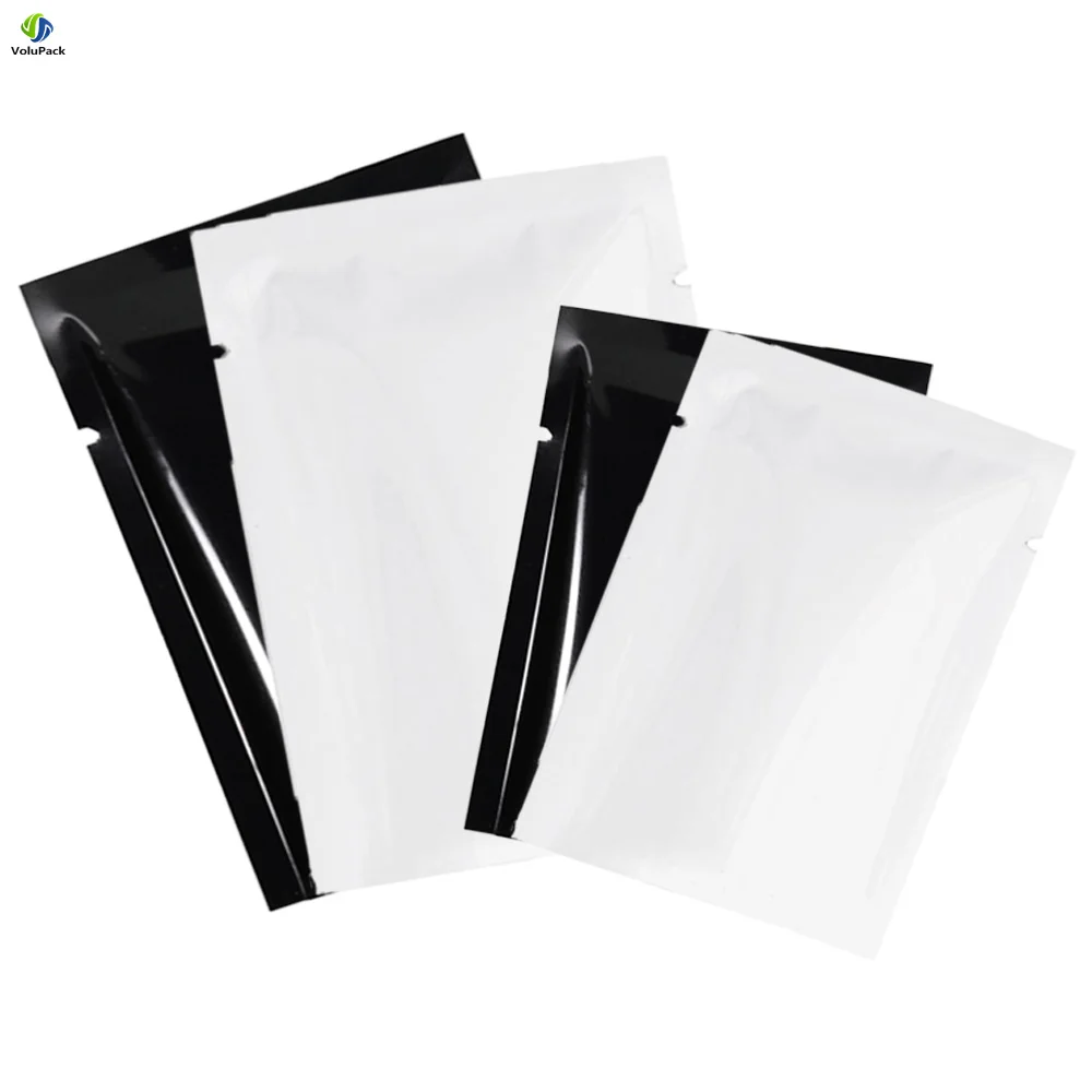 Glossy Black White Flat Bottom Mylar Package Bags Reusable Smell Proof Foil Vacuum Heat Sealing Open Top Pouches With Tear Notch