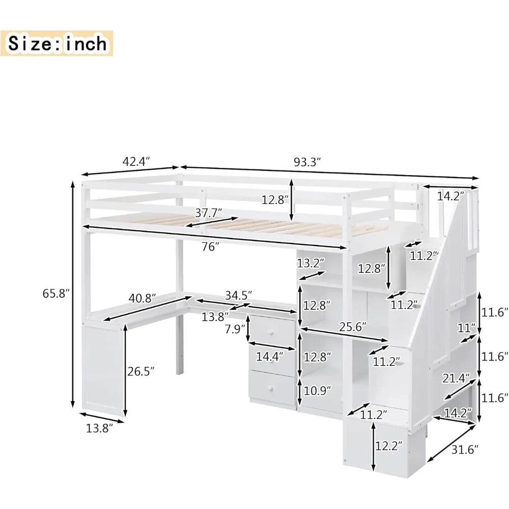 Twin Size Loft Bed with L-Shaped Desk and Stairs, Solid Wood Loft Bed Frame with Storage Drawers and Bookcase, for Kids Teens