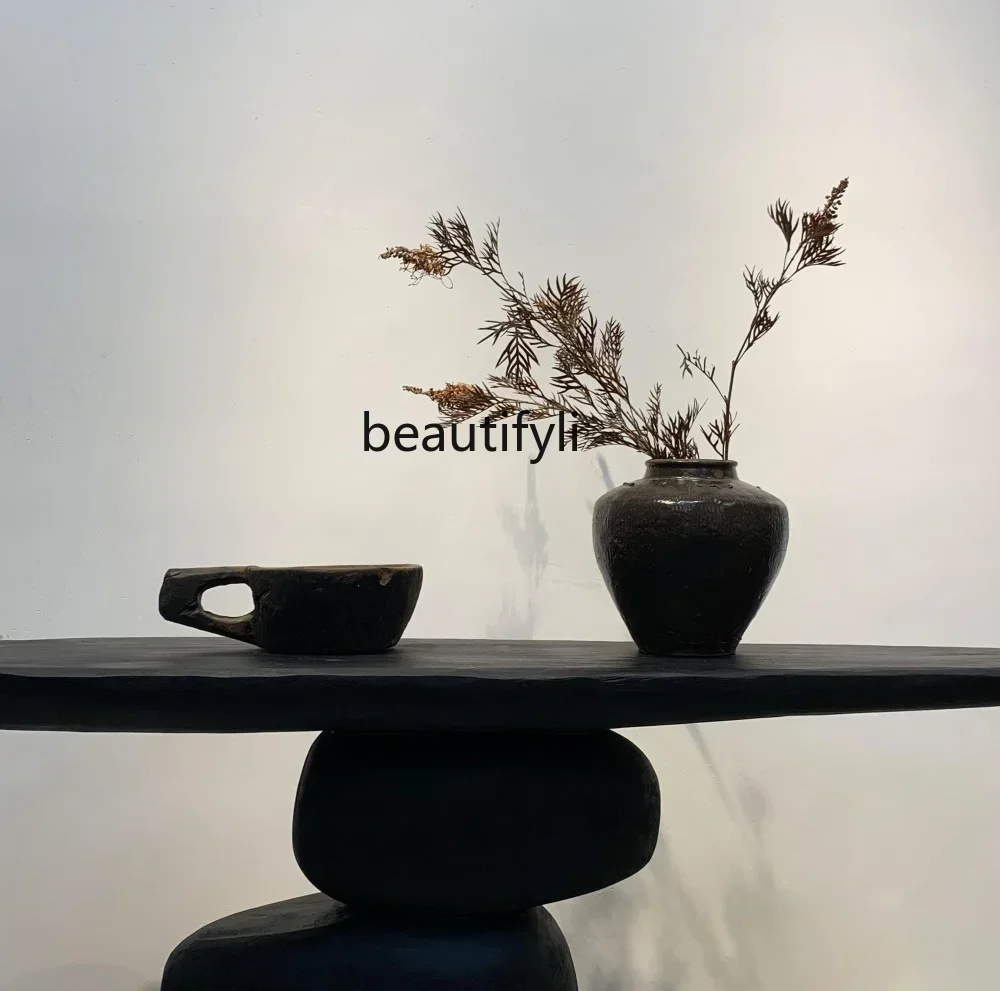 A16 Nordic Style Console Home Solid Wood Desk Table Art Ornament Retro Black Log Furniture Furnishing Articles