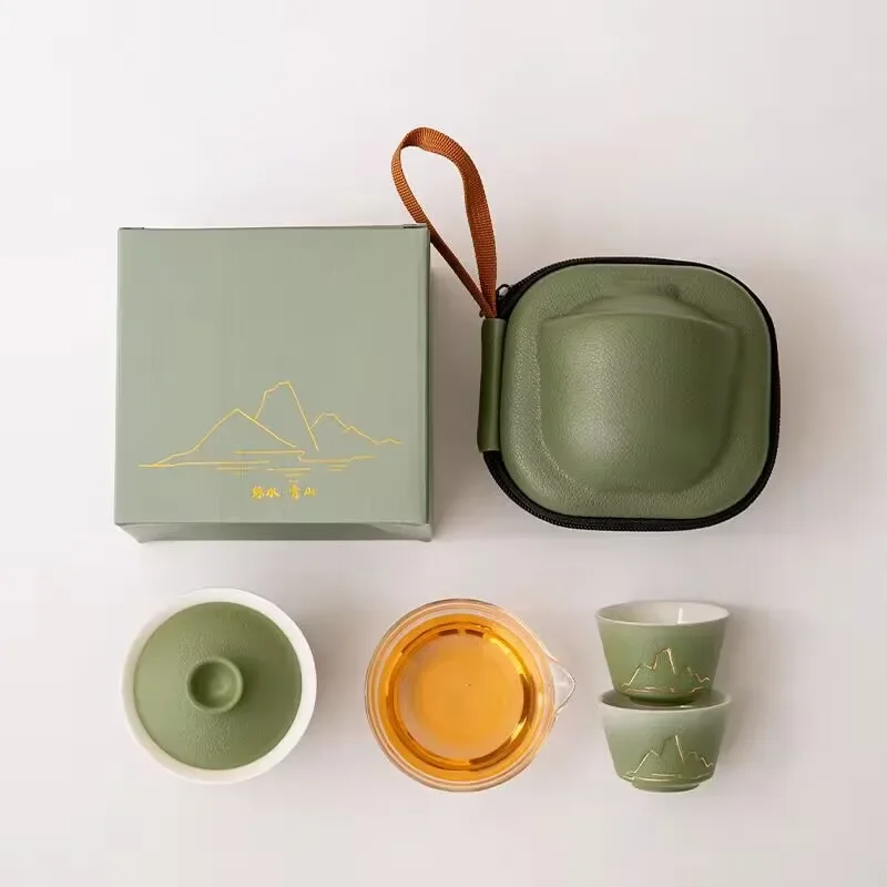 Thousands of Miles of Country Style, Green Mountains and Green Waters, Oriental Aesthetics, Portable Lidded Bowl, Travel Tea Set