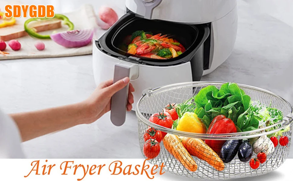 21cm Air Fryer Mesh Basket 304 Stainless Steel Steamer Basket for Air Fryer Metal Air Fryer Crisper Basket with Handle Air Fryer a