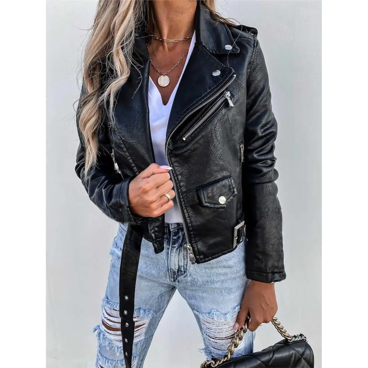 Motorcycle Jacket Women Fur Coat Leather Wind Zipper Machine PU Leather Coat S3XL Women's Fashion Short Length Long Sleeve