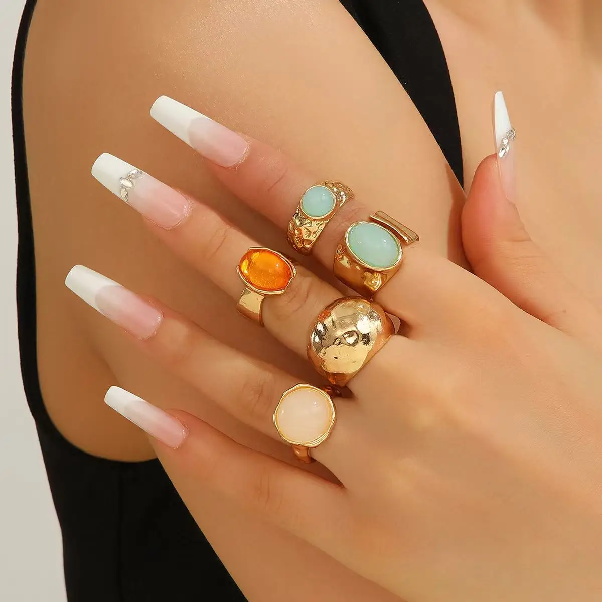 5PCS Fashion Bohemian Style Colorful Geometric Circular Unique Design Women's Ring Jewelry Set, Multiple Choices