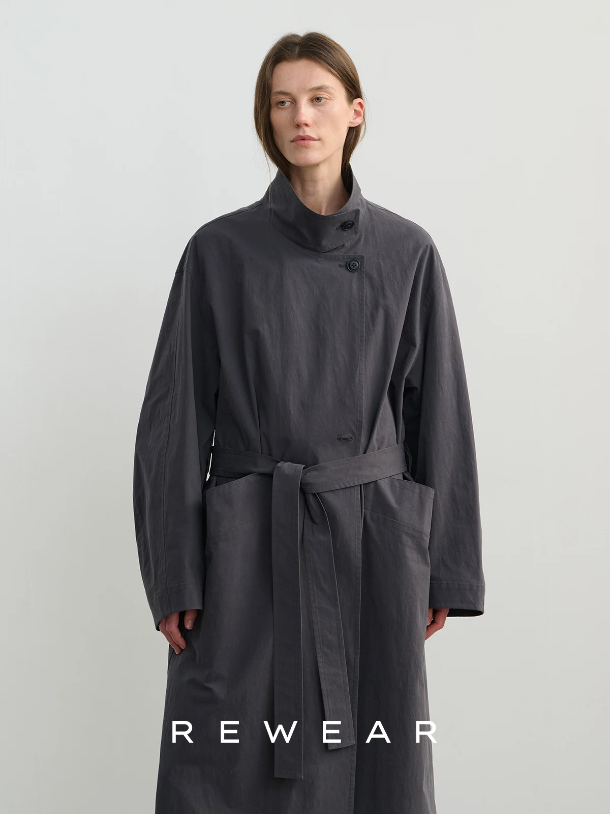 

l Cotton Long Coat REWEAR Women's Windbreaker Jaet with Belt Large Collar Geometric Cut Casual Loose Fit Windproof