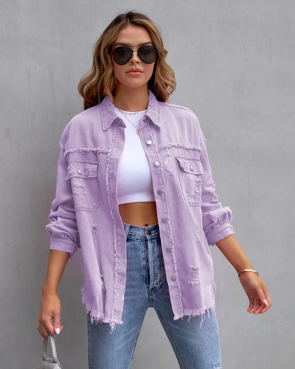 New Womens Oversized Distressed Denim Jacket Frayed Hem Button Down Shacket for Streetwear