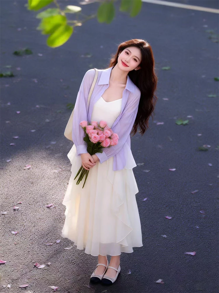 

Summer Women's Pastel Pink Loose Fit Sun Protection Shirt And Skirt Set Long Sleeve mid Length A-Line Gown for Casual Wear