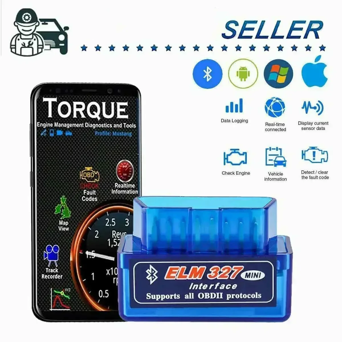 OBD 2 ELM327 Car Detector Bluetooth-compatible Interface V2.1 V1.5 OBD2 II Diagnostic Tool ELM 327 Work for Android Torque/PC