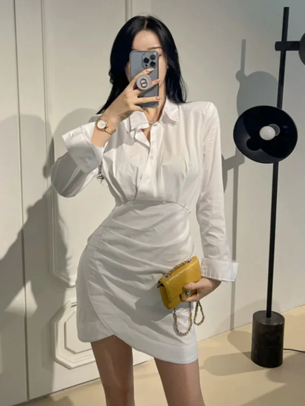 

Korean Version New Polo Collar Single Breasted Long Sleeve Dress Women High Waist Wrap Hip Short Dress